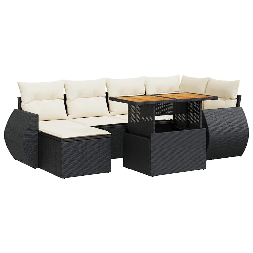 7 Piece Garden Sofa Set with Cushions Black Poly Rattan 3327283 - Furniture