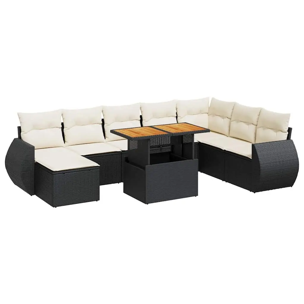 9 Piece Garden Sofa Set with Cushions Black Poly Rattan 3327297 - Furniture