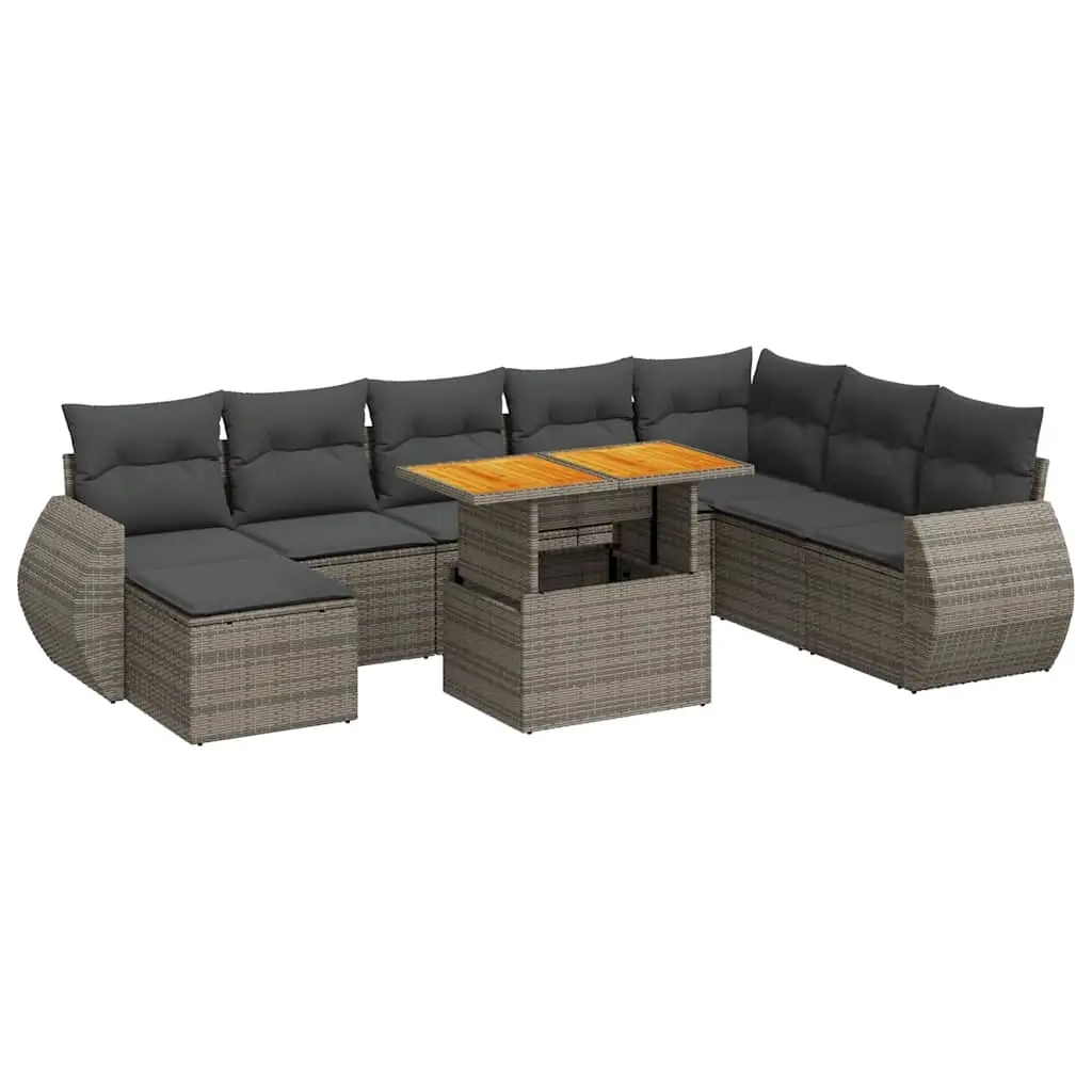 9 Piece Garden Sofa Set with Cushions Grey Poly Rattan 3327301 - Furniture