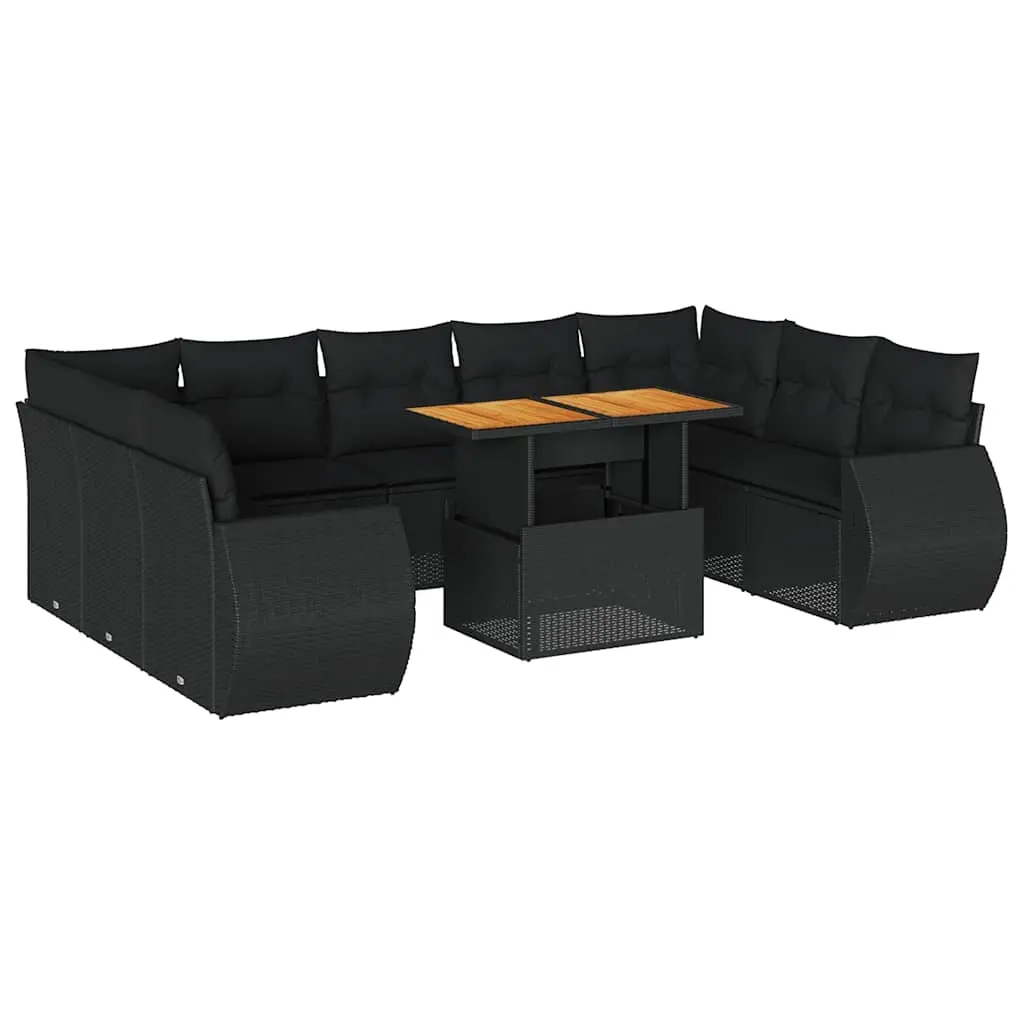 10 Piece Garden Sofa Set with Cushions Black Poly Rattan 3327303 - Furniture