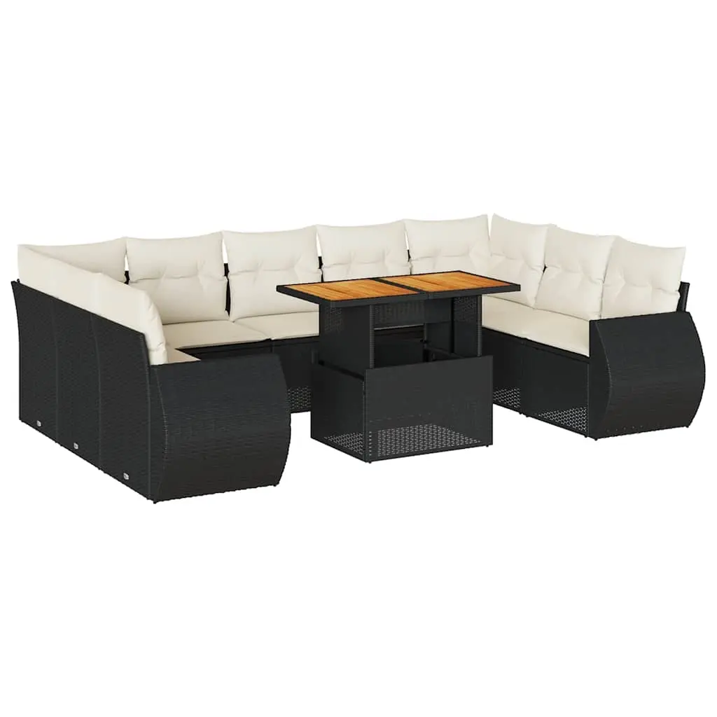 10 Piece Garden Sofa Set with Cushions Black Poly Rattan 3327304 - Furniture