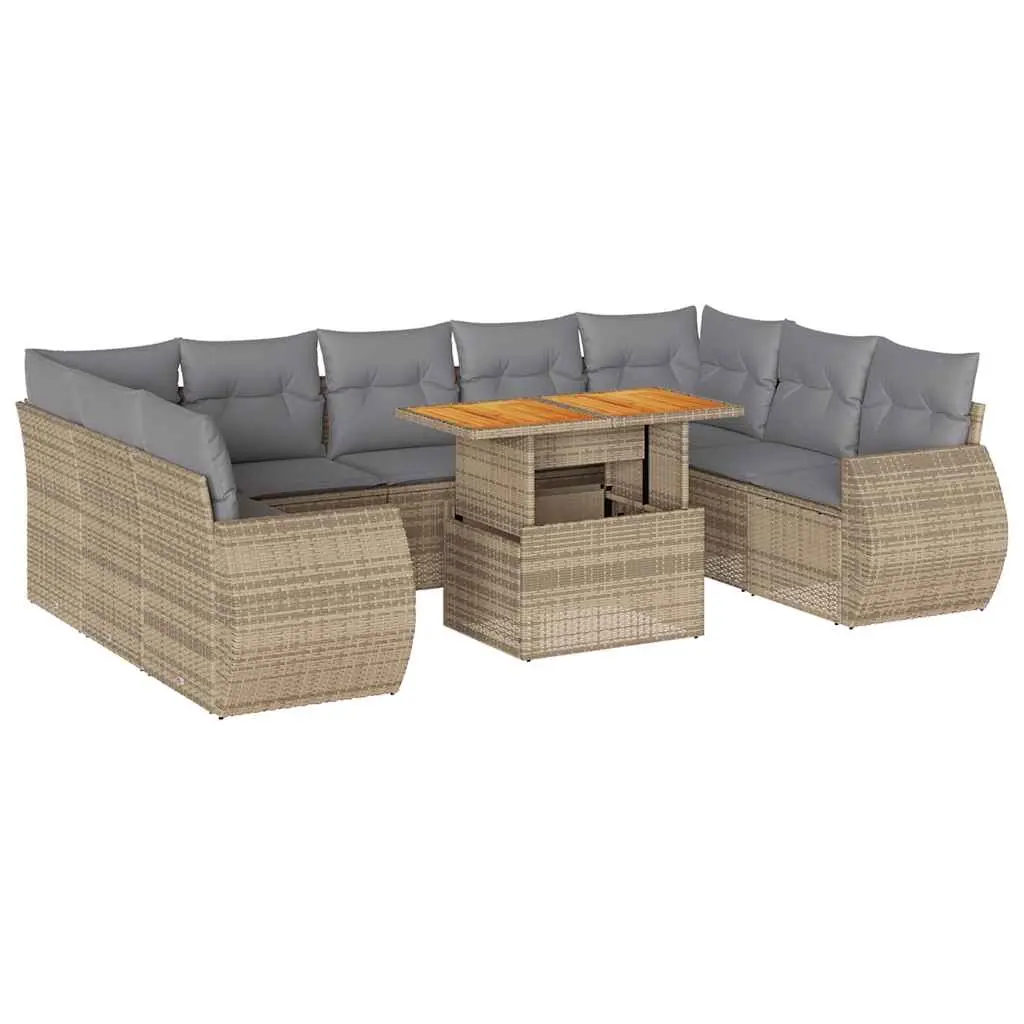 10 Piece Garden Sofa Set with Cushions Beige Poly Rattan 3327307 - Furniture