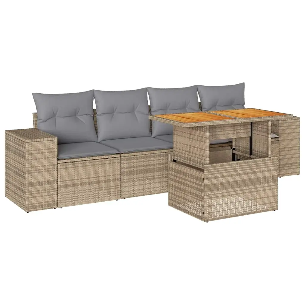 5 Piece Garden Sofa Set with Cushions Beige Poly Rattan 3327321 - Furniture
