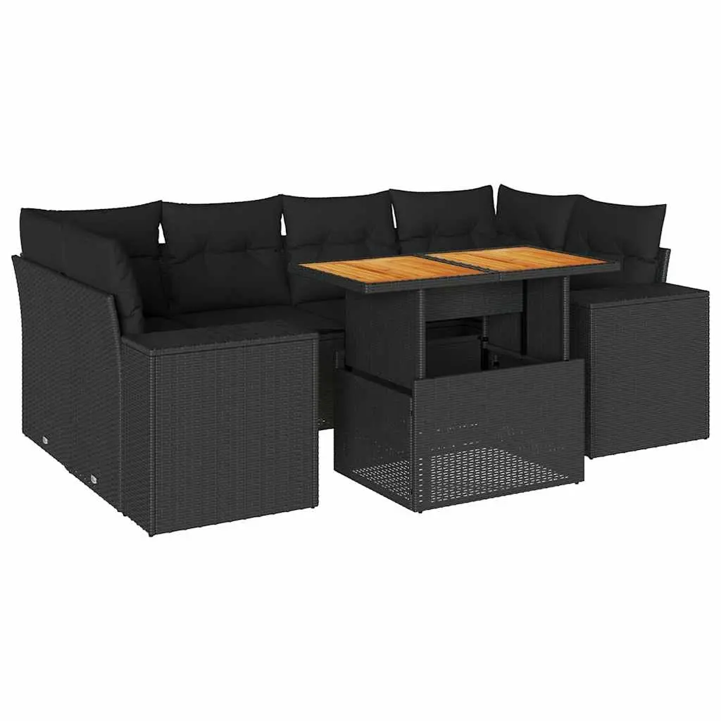 7 Piece Garden Sofa Set with Cushions Black Poly Rattan 3327338 - Furniture