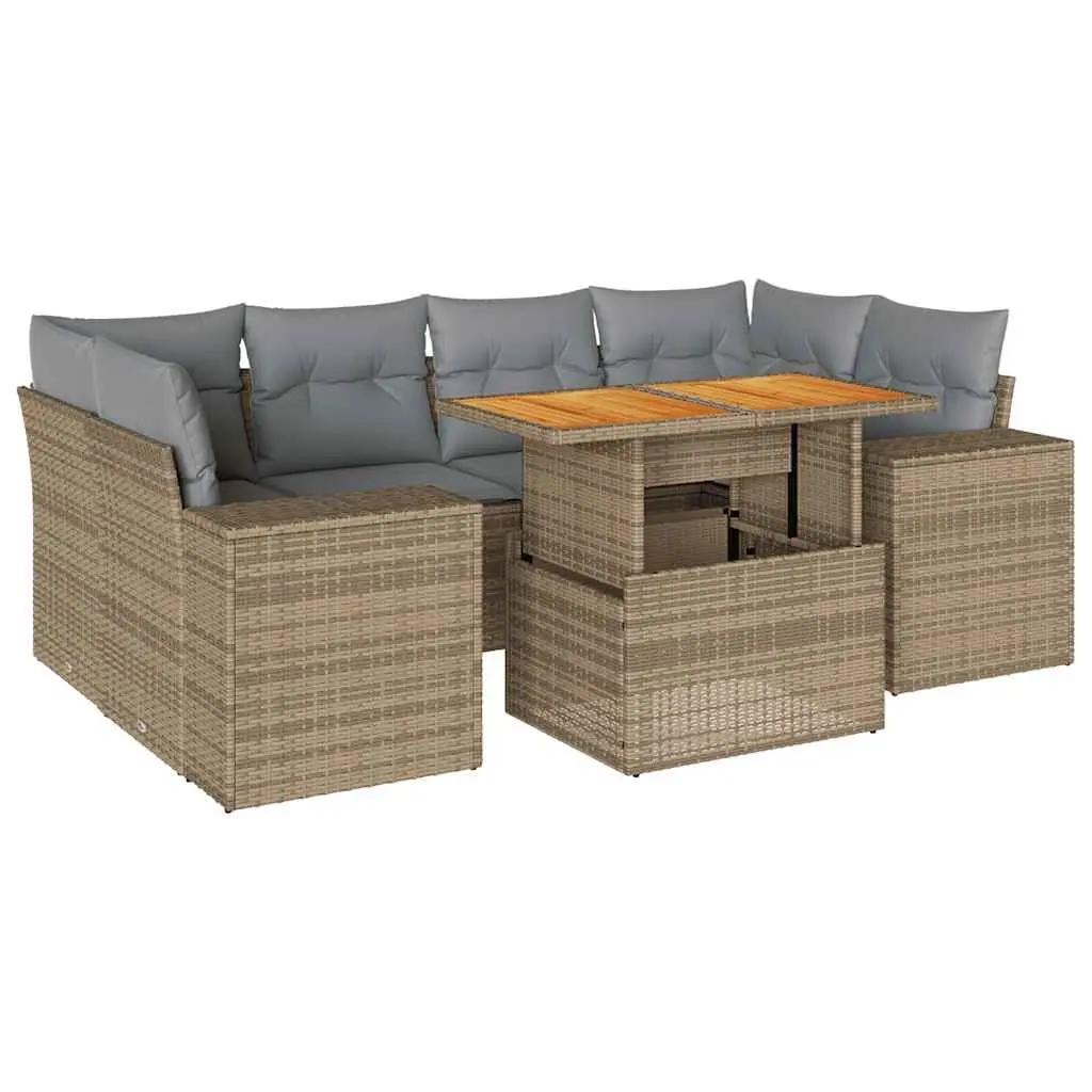 7 Piece Garden Sofa Set with Cushions Beige Poly Rattan 3327342 - Furniture