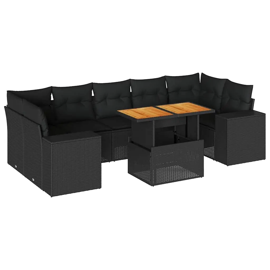 8 Piece Garden Sofa Set with Cushions Black Poly Rattan 3327345 - Furniture