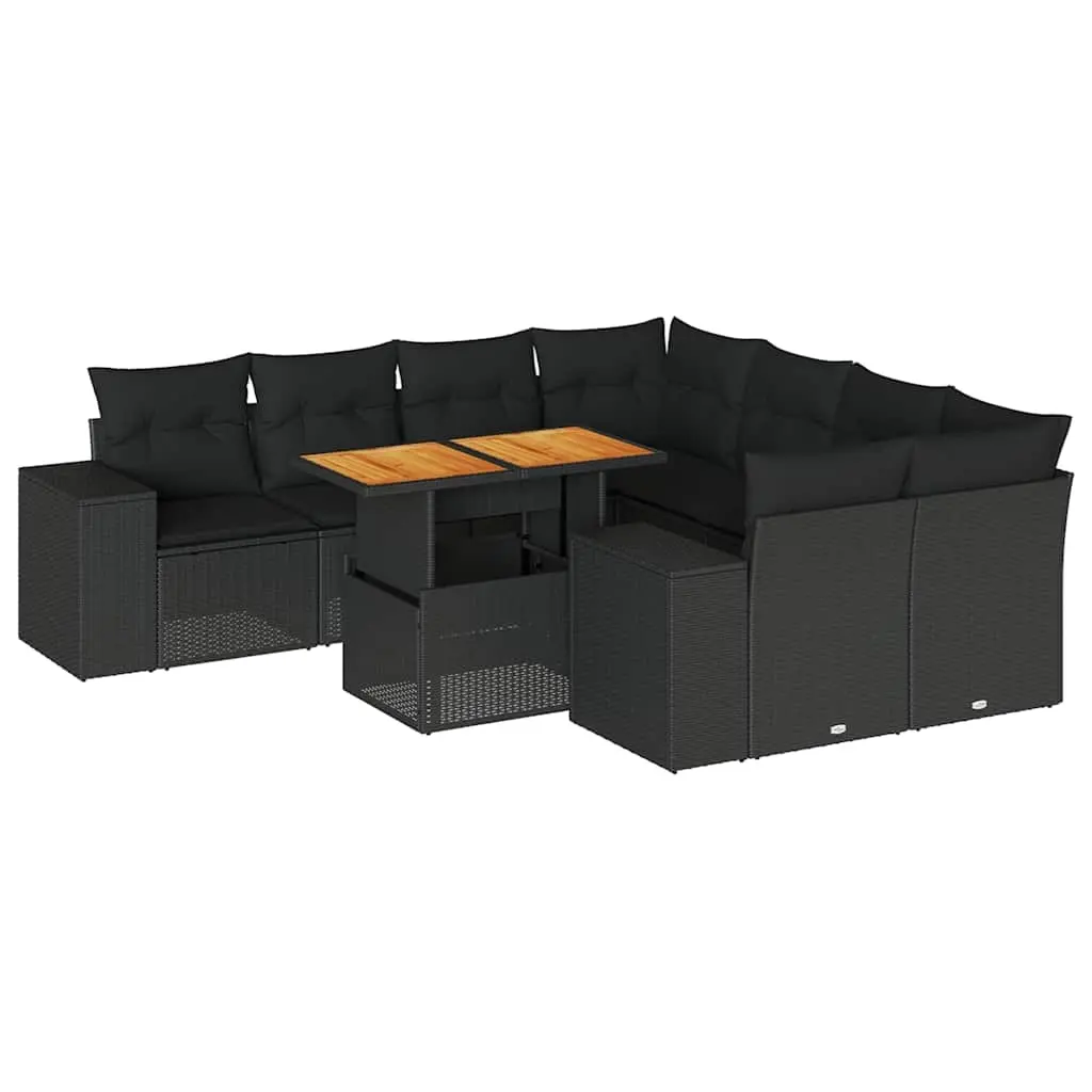 9 Piece Garden Sofa Set with Cushions Black Poly Rattan 3327352 - Furniture