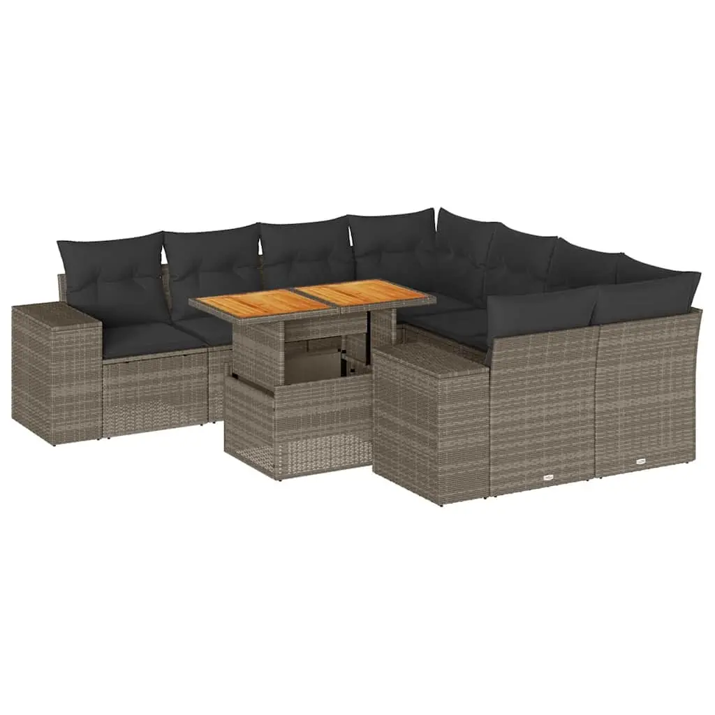 9 Piece Garden Sofa Set with Cushions Grey Poly Rattan 3327357 - Furniture