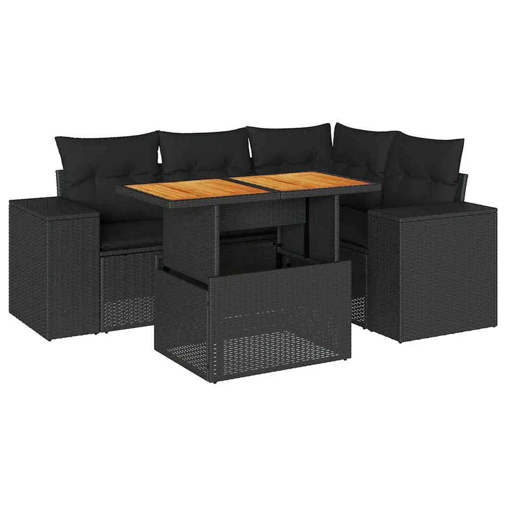 5 Piece Garden Sofa Set with Cushions Black Poly Rattan 3327366 - Furniture