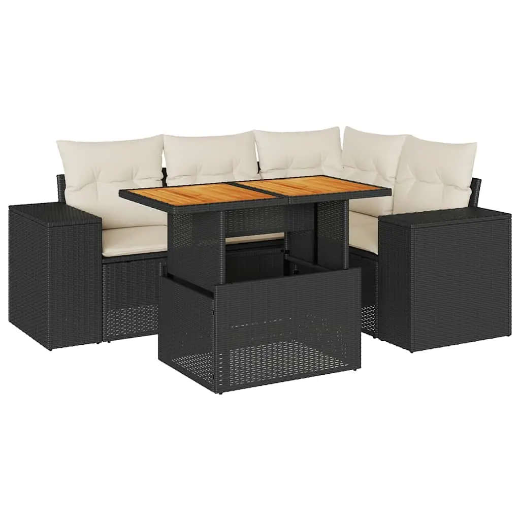 5 Piece Garden Sofa Set with Cushions Black Poly Rattan 3327367 - Furniture
