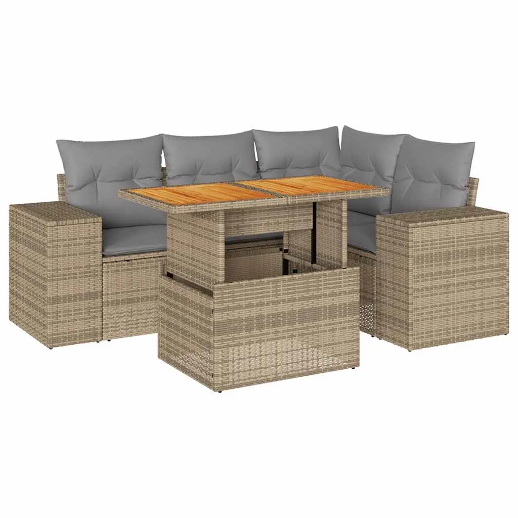 5 Piece Garden Sofa Set with Cushions Beige Poly Rattan 3327370 - Furniture