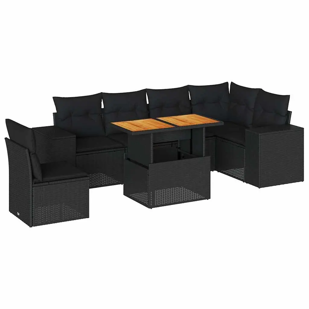 7 Piece Garden Sofa Set with Cushions Black Poly Rattan 3327380 - Furniture