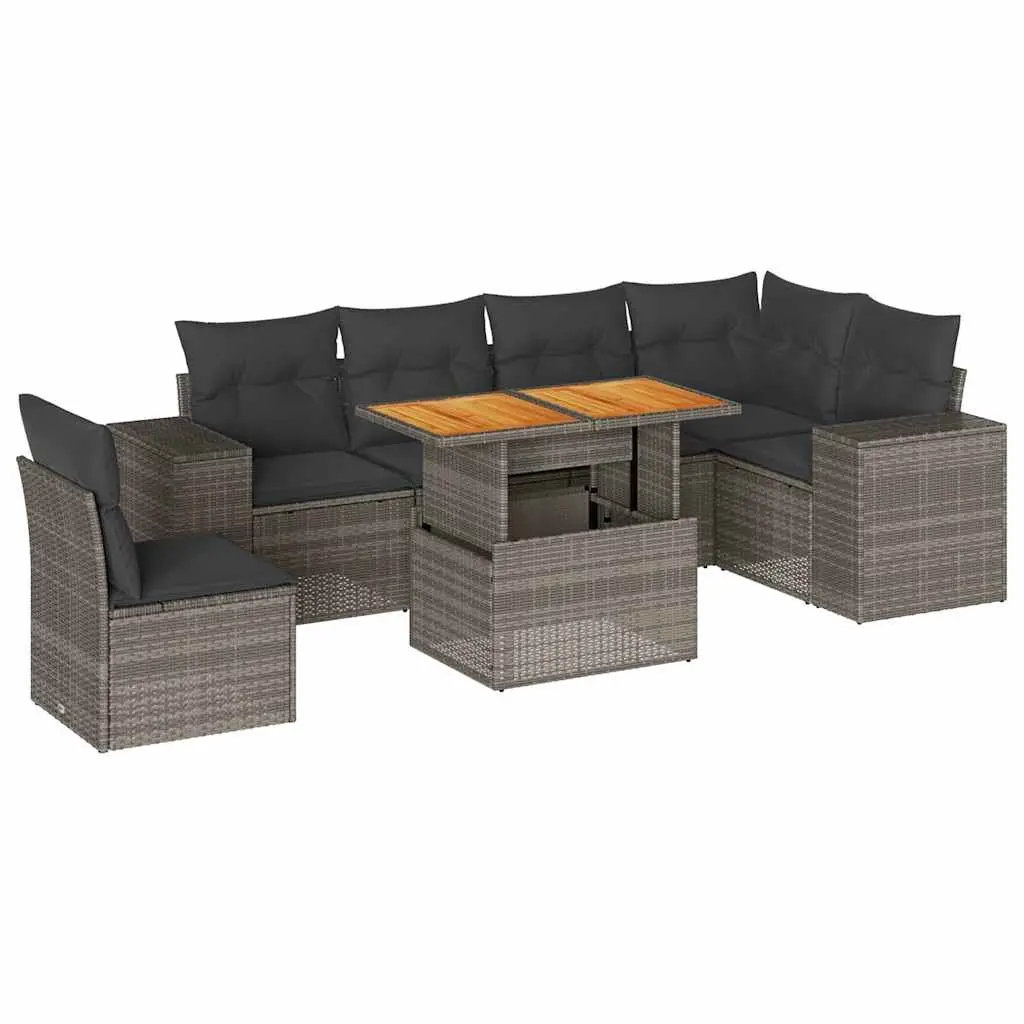 7 Piece Garden Sofa Set with Cushions Grey Poly Rattan 3327385 - Furniture