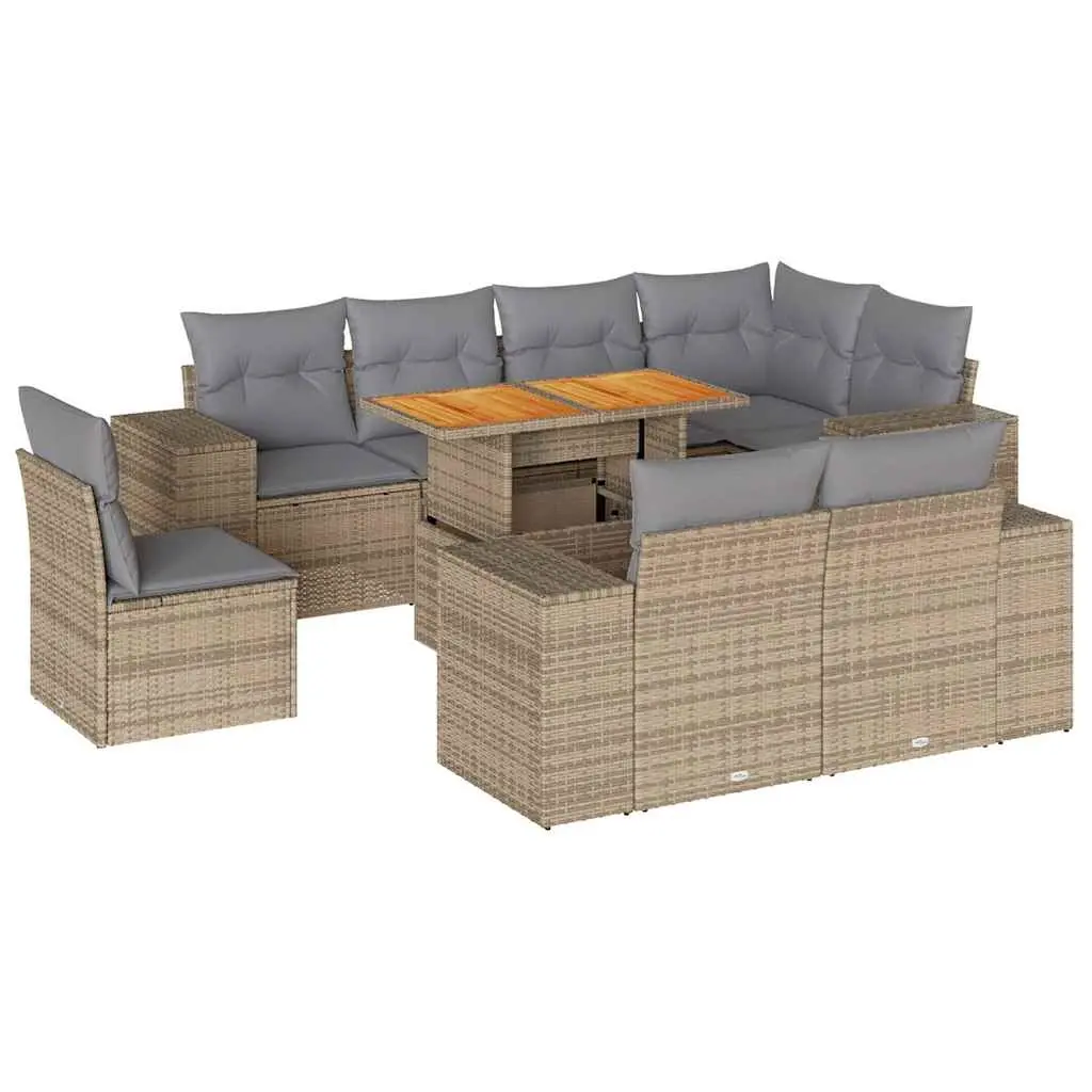 9 Piece Garden Sofa Set with Cushions Beige Poly Rattan 3327391 - Furniture