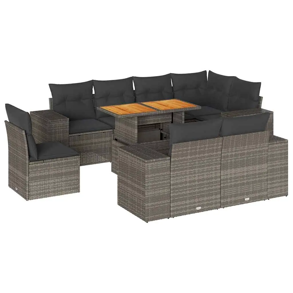 9 Piece Garden Sofa Set with Cushions Grey Poly Rattan 3327392 - Furniture