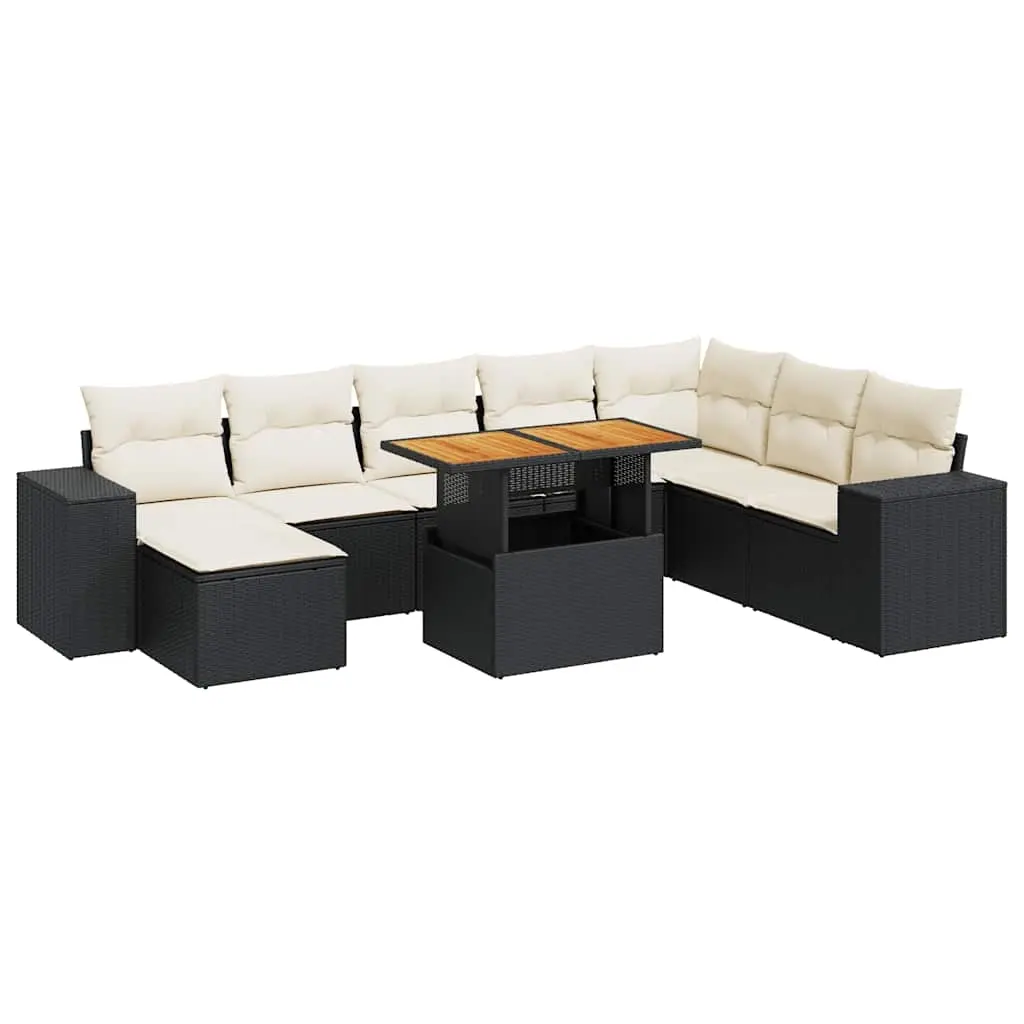 9 Piece Garden Sofa Set with Cushions Black Poly Rattan Acacia 3327409 - Furniture