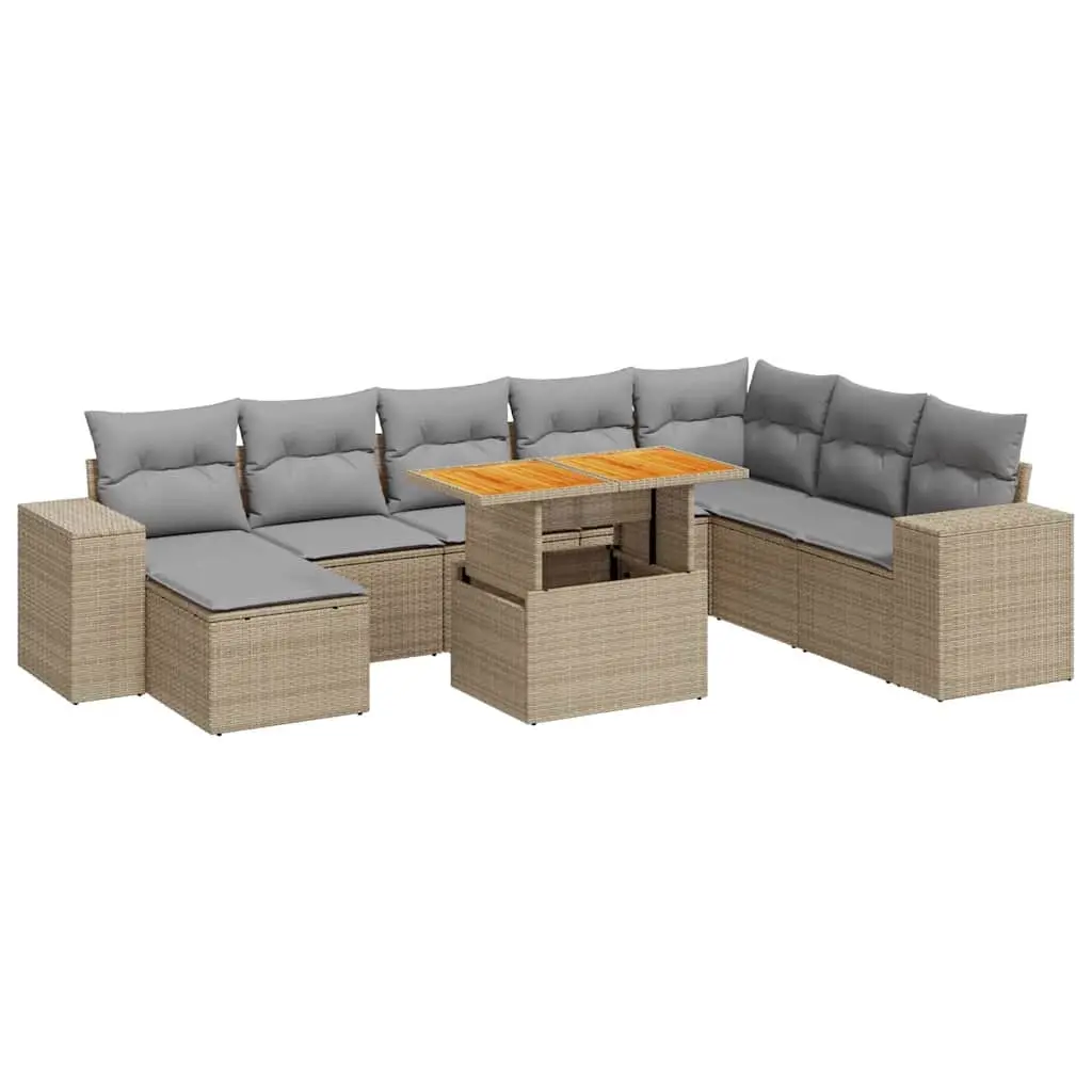 9 Piece Garden Sofa Set with Cushions Grey Poly Rattan Acacia 3327413 - Furniture