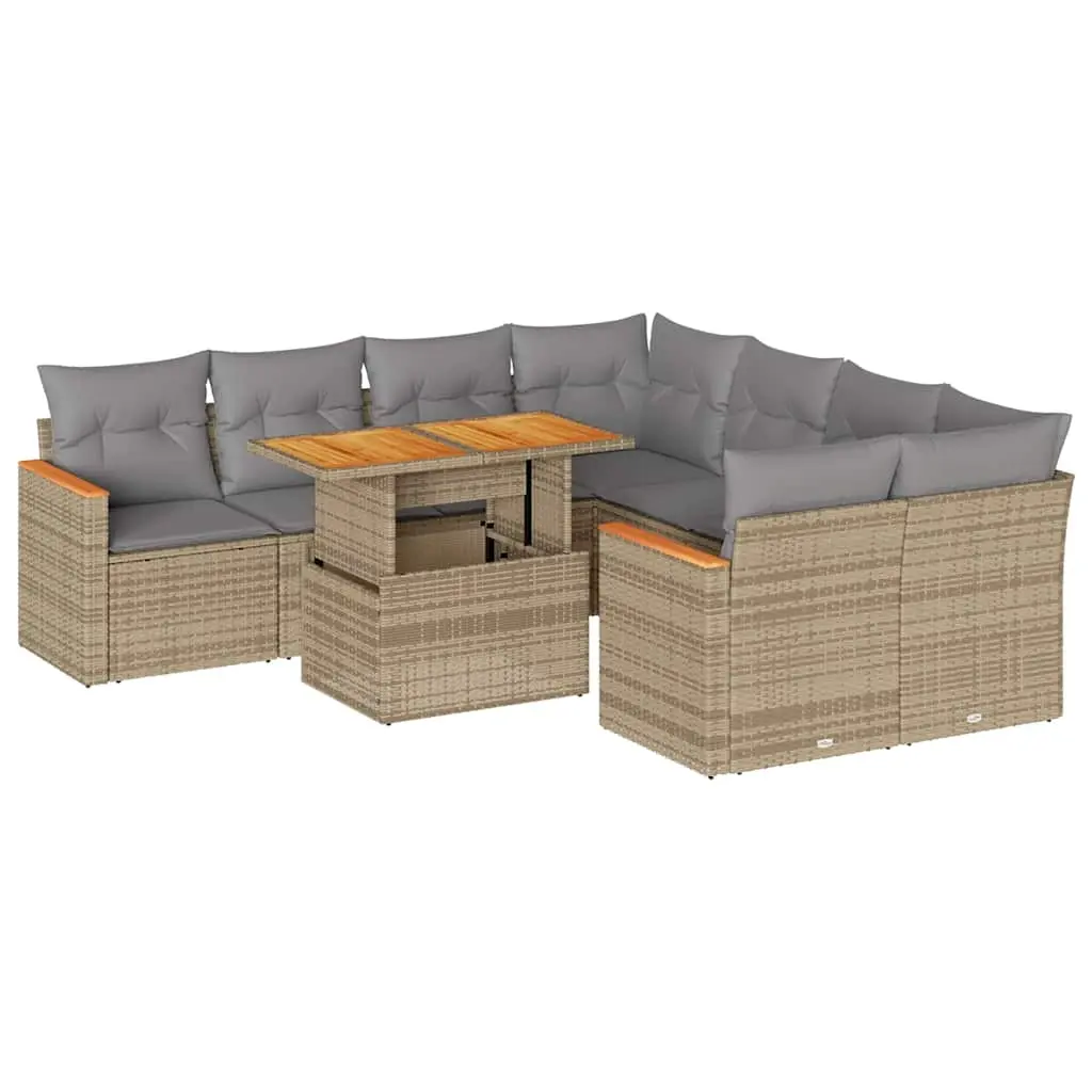 9 Piece Garden Sofa Set with Cushions Beige Poly Rattan Acacia 3327468 - Furniture