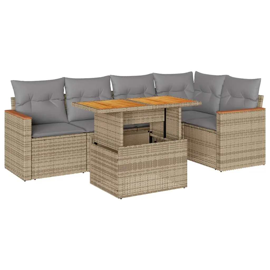 5 Piece Garden Sofa Set with Cushions Beige Poly Rattan Acacia 3327489 - Furniture