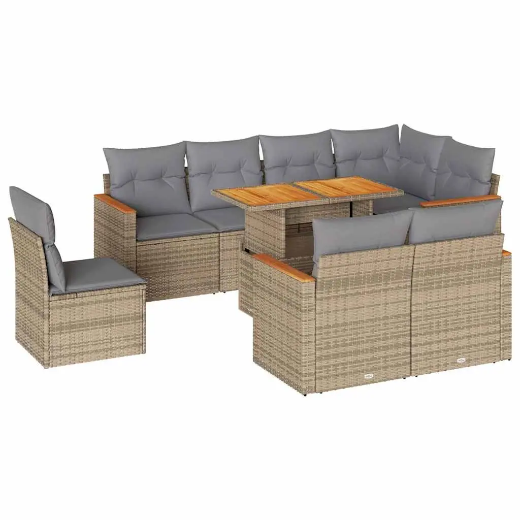 9 Piece Garden Sofa Set with Cushions Beige Poly Rattan Acacia 3327503 - Furniture