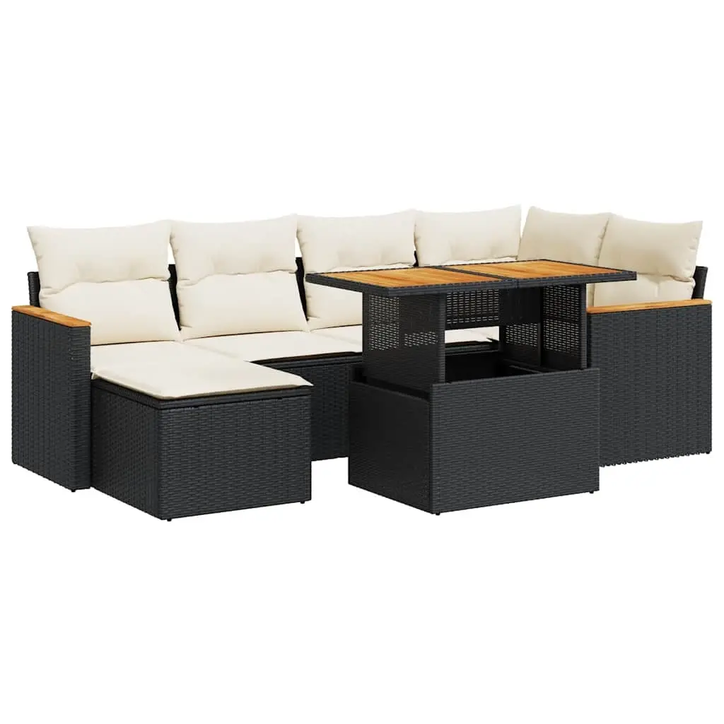 7 Piece Garden Sofa Set with Cushions Black Poly Rattan Acacia 3327507 - Furniture