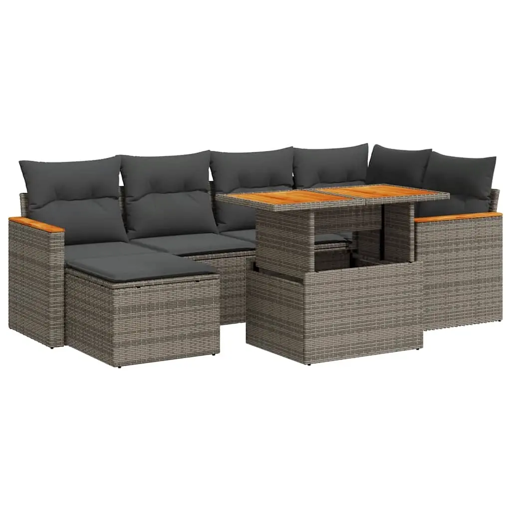 7 Piece Garden Sofa Set with Cushions Grey Poly Rattan Acacia 3327511 - Furniture