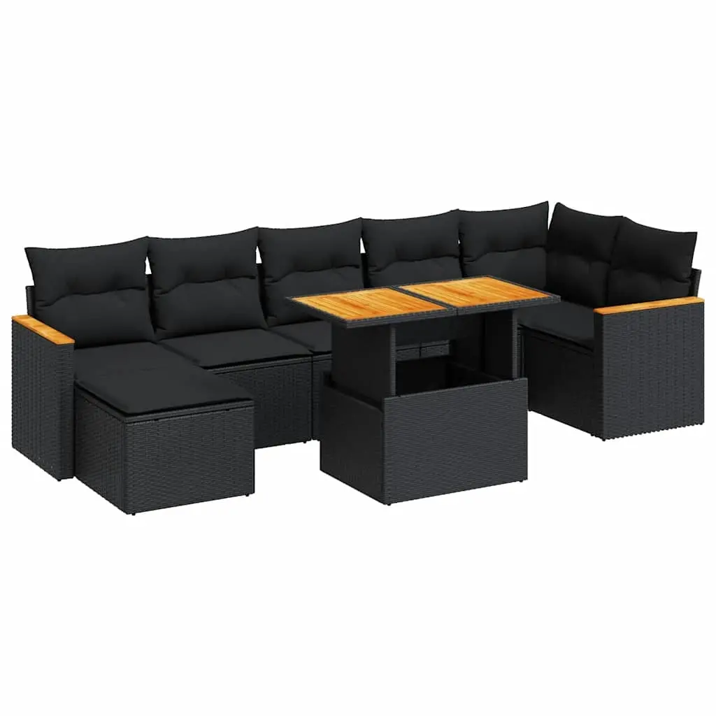 8 Piece Garden Sofa Set with Cushions Black Poly Rattan Acacia 3327513 - Furniture