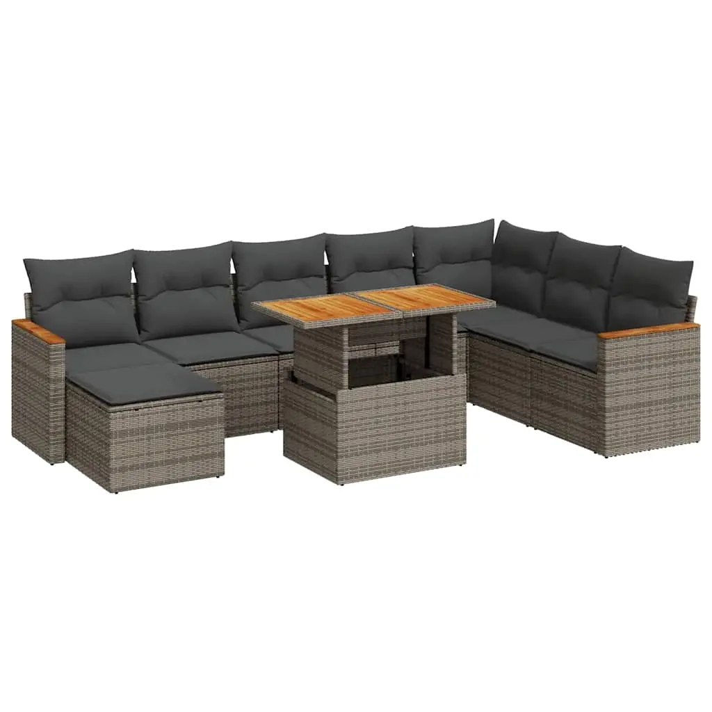 9 Piece Garden Sofa Set with Cushions Grey Poly Rattan Acacia 3327525 - Furniture