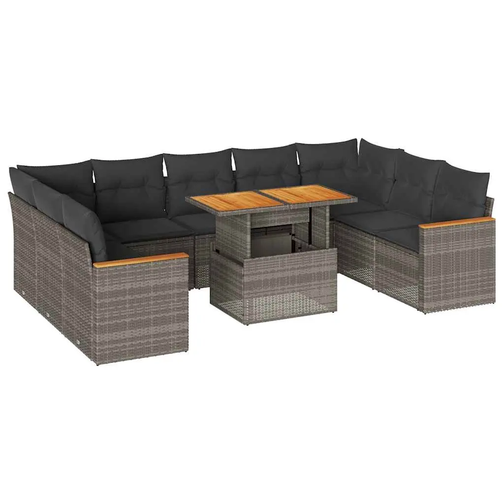10 Piece Garden Sofa Set with Cushions Grey Poly Rattan Acacia 3327532 - Furniture
