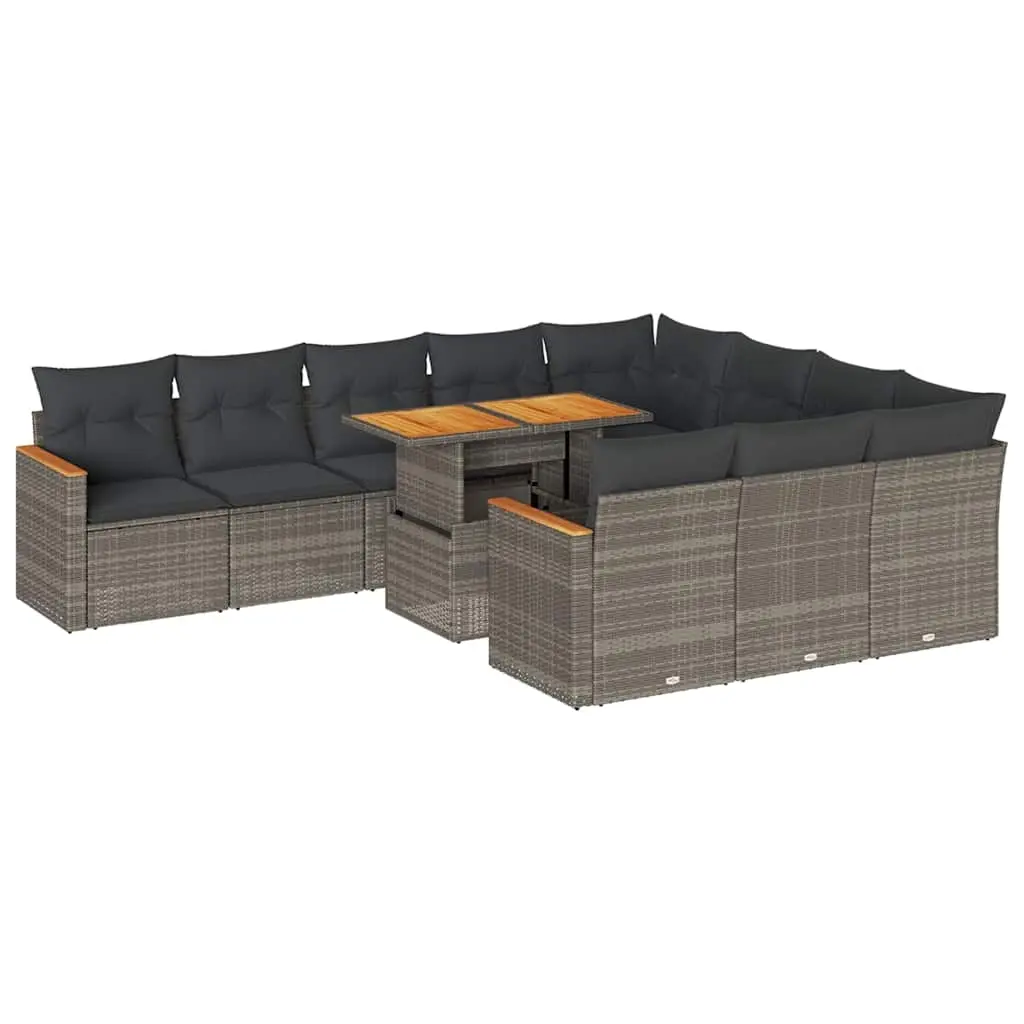 11 Piece Garden Sofa Set with Cushions Grey Poly Rattan Acacia 3327539 - Furniture