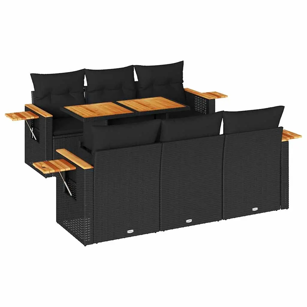 7 Piece Garden Sofa Set with Cushions Black Poly Rattan Acacia 3327555 - Furniture