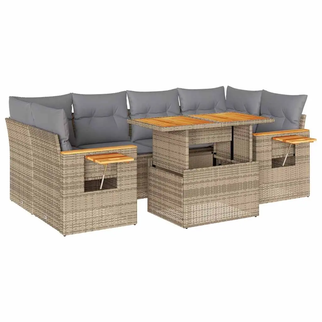 7 Piece Garden Sofa Set with Cushions Beige Poly Rattan Acacia 3327566 - Furniture