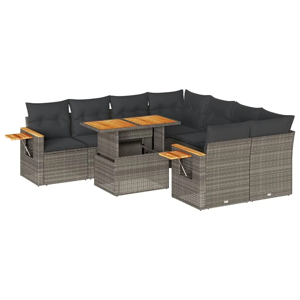 9 Piece Garden Sofa Set with Cushions Grey Poly Rattan Acacia 3327581 - Furniture