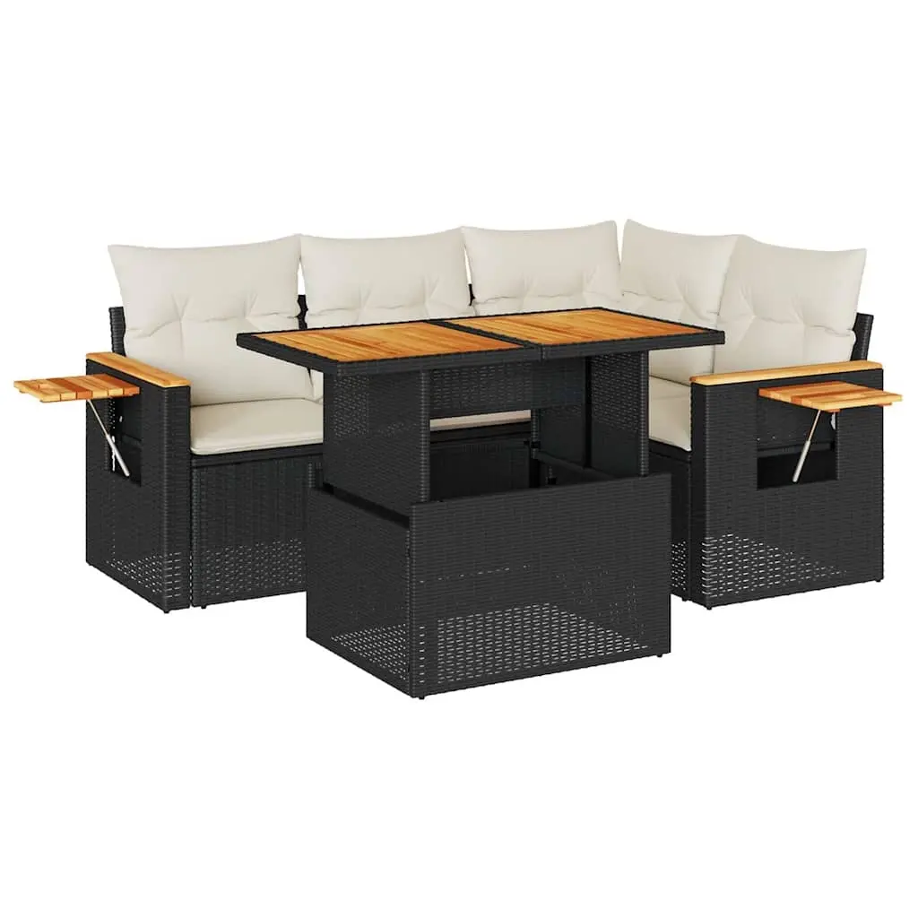 4 Piece Garden Sofa Set with Cushions Black Poly Rattan Acacia 3327591 - Furniture