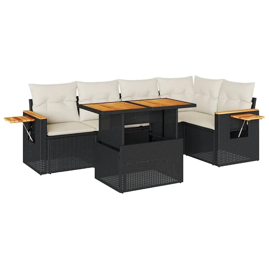 5 Piece Garden Sofa Set with Cushions Black Poly Rattan Acacia 3327598 - Furniture