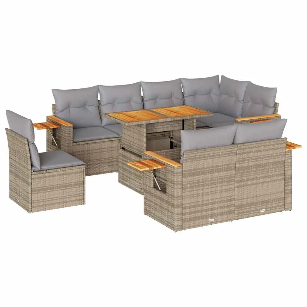 9 Piece Garden Sofa Set with Cushions Beige Poly Rattan Acacia 3327615 - Furniture