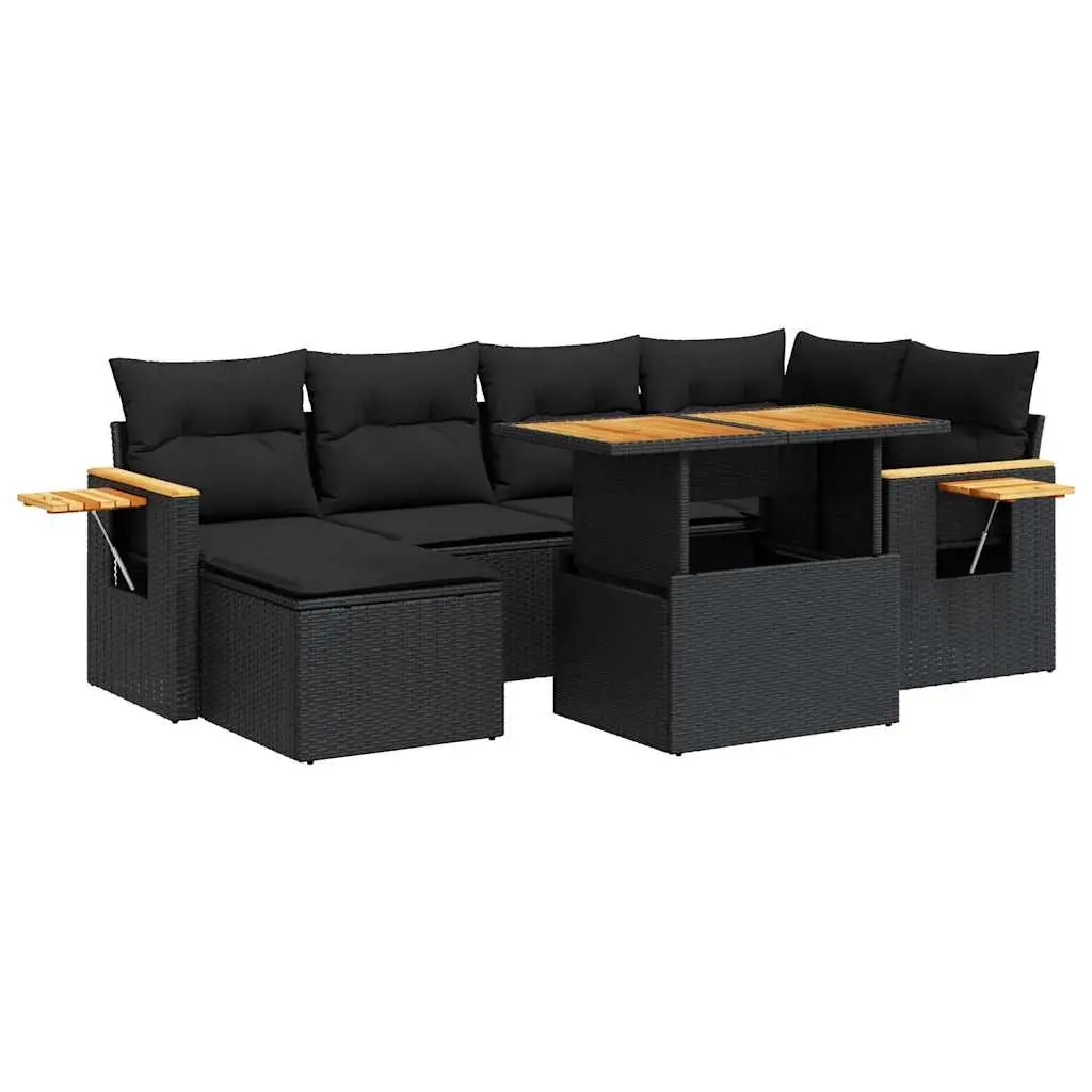 7 Piece Garden Sofa Set with Cushions Black Poly Rattan Acacia 3327618 - Furniture