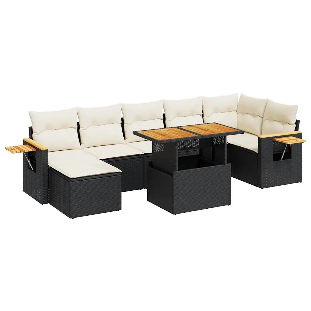 8 Piece Garden Sofa Set with Cushions Black Poly Rattan Acacia 3327626 - Furniture