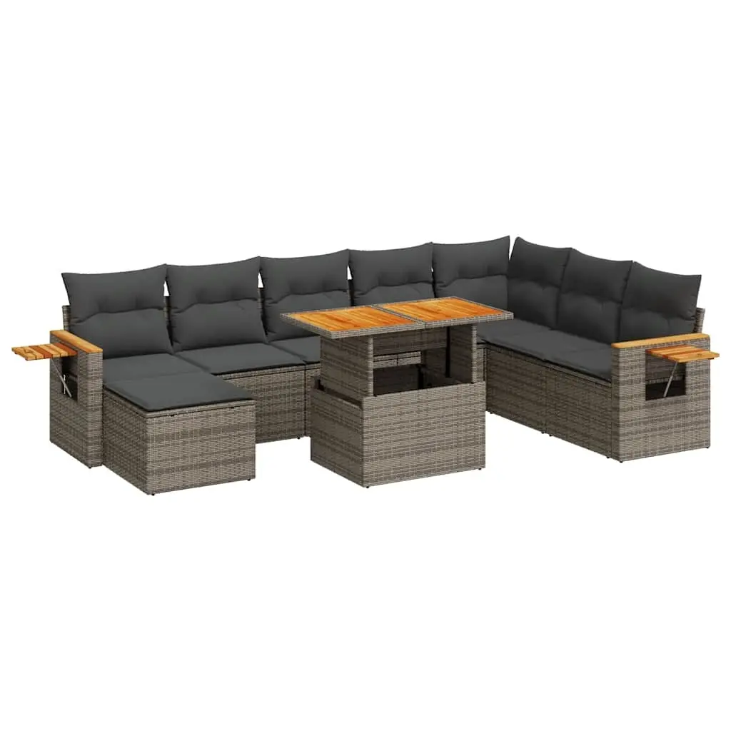 9 Piece Garden Sofa Set with Cushions Grey Poly Rattan Acacia 3327637 - Furniture