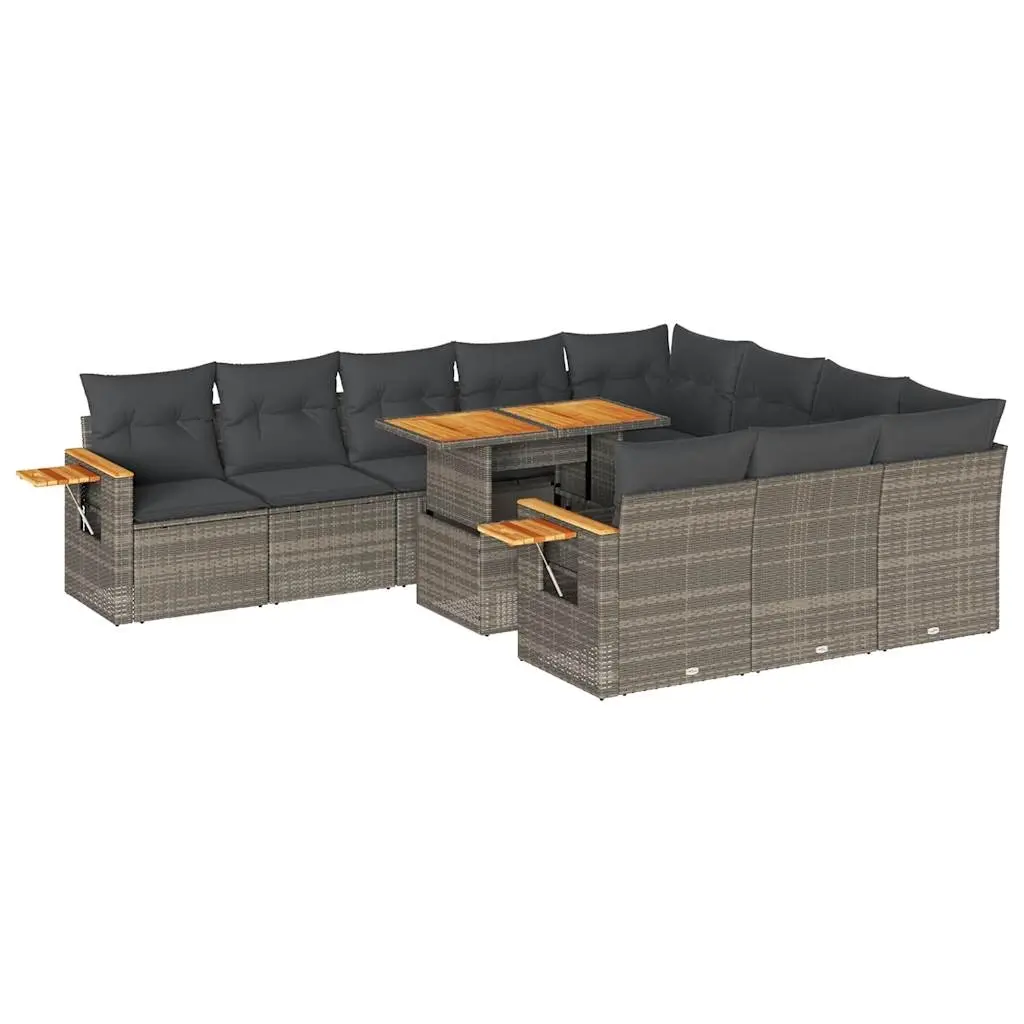 10 Piece Garden Sofa Set with Cushions Grey Poly Rattan Acacia 3327651 - Furniture