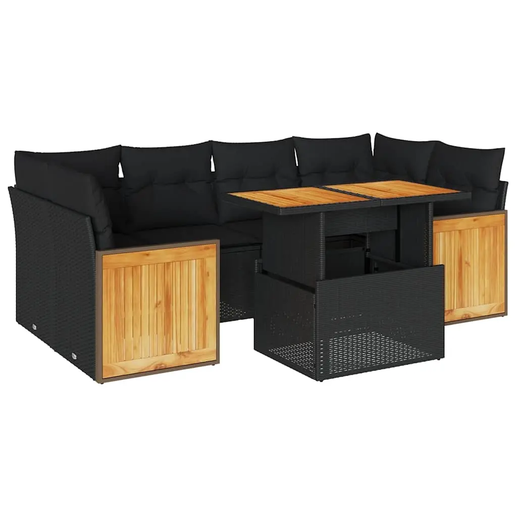 7 Piece Garden Sofa Set with Cushions Black Poly Rattan Acacia 3327674 - Furniture