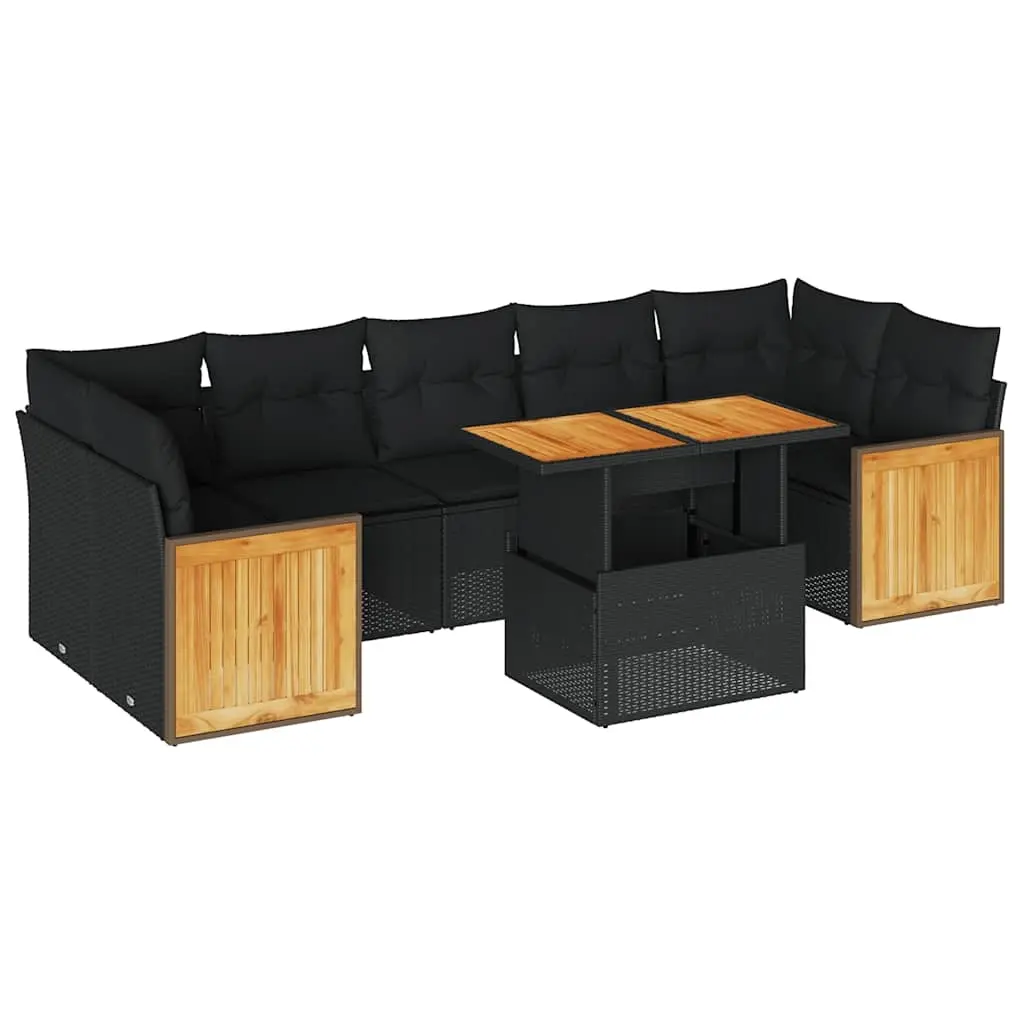 8 Piece Garden Sofa Set with Cushions Black Poly Rattan Acacia 3327681 - Furniture