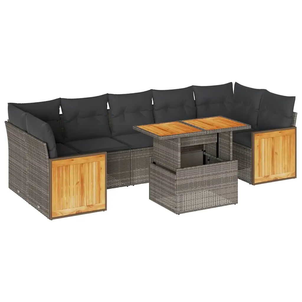 8 Piece Garden Sofa Set with Cushions Grey Poly Rattan Acacia 3327686 - Furniture