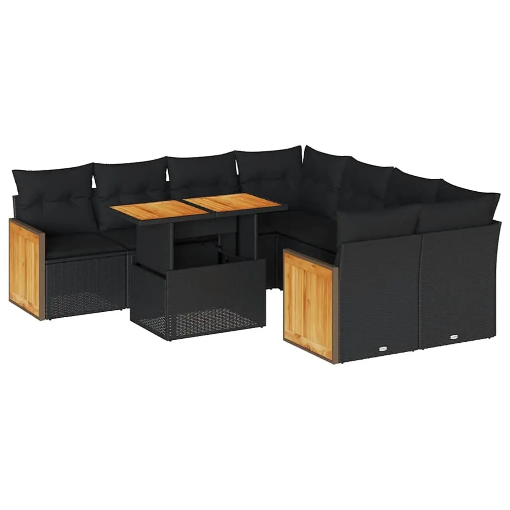 9 Piece Garden Sofa Set with Cushions Black Poly Rattan Acacia 3327688 - Furniture