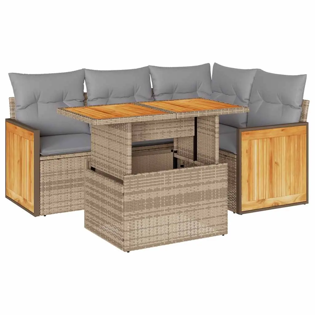 5 Piece Garden Sofa Set with Cushions Beige Poly Rattan Acacia 3327706 - Furniture