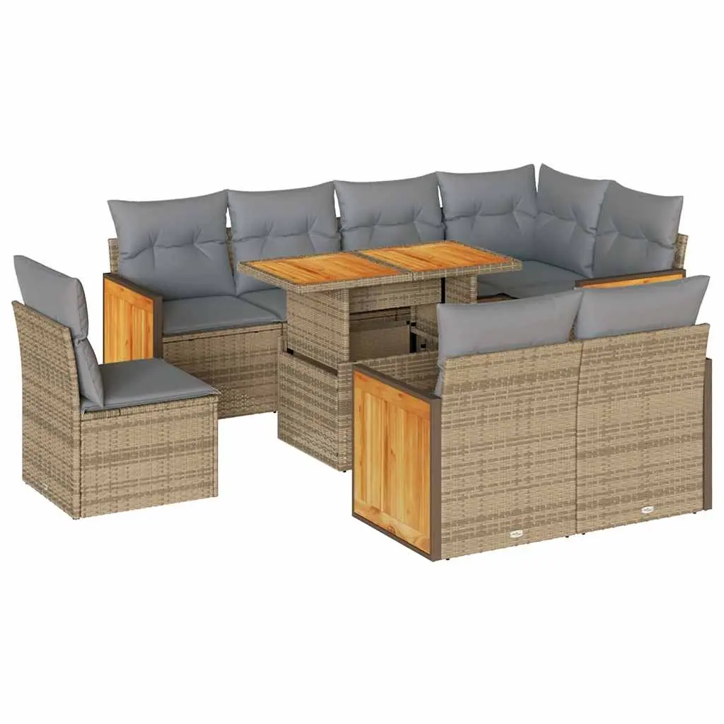 9 Piece Garden Sofa Set with Cushions Beige Poly Rattan Acacia 3327727 - Furniture