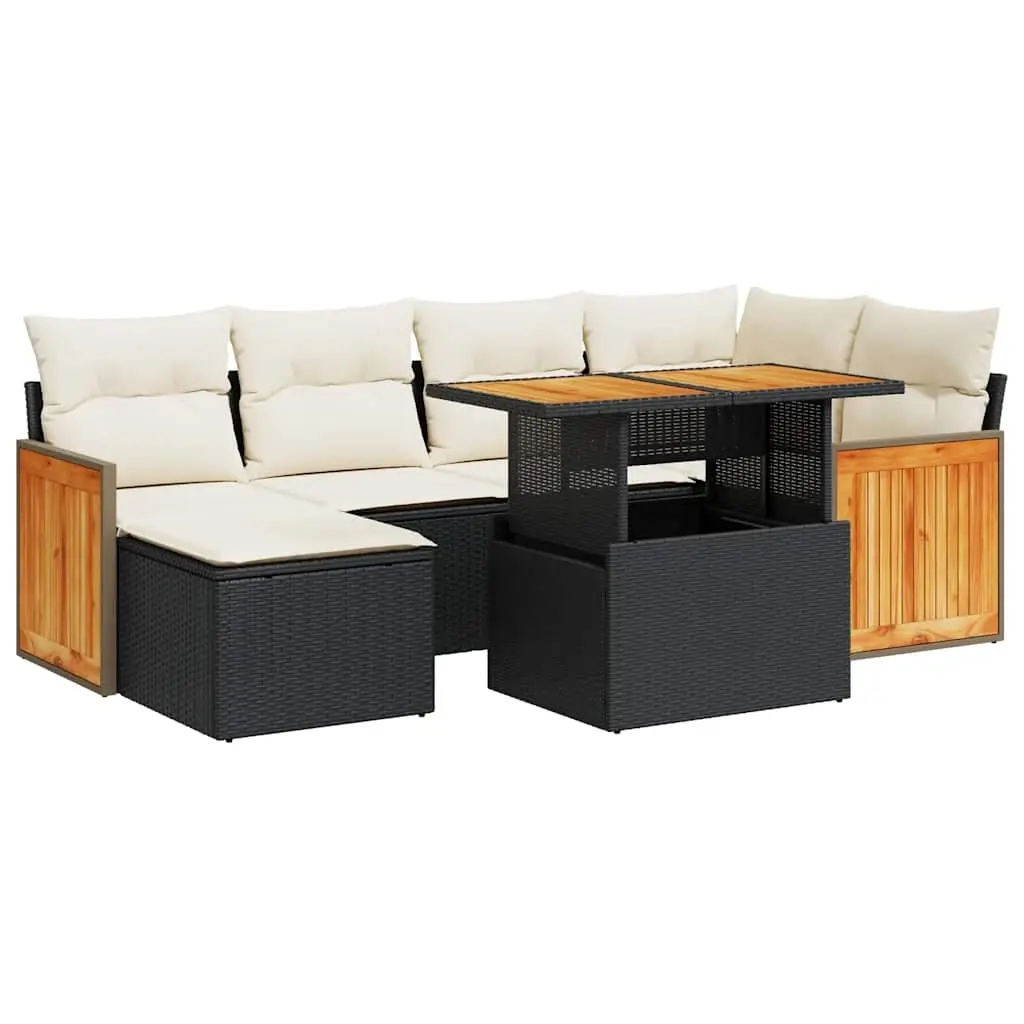 7 Piece Garden Sofa Set with Cushions Black Poly Rattan Acacia 3327731 - Furniture