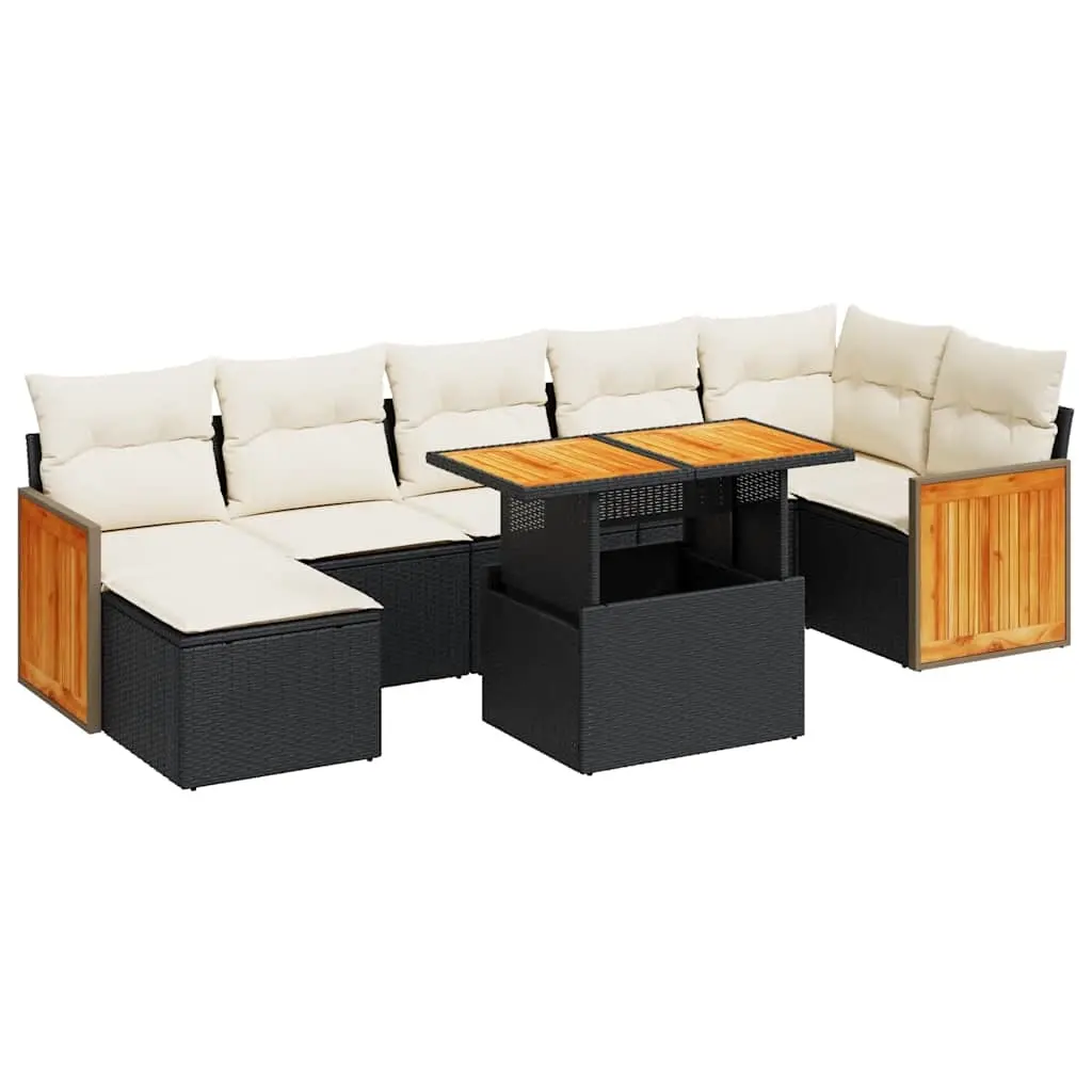 8 Piece Garden Sofa Set with Cushions Black Poly Rattan Acacia 3327738 - Furniture