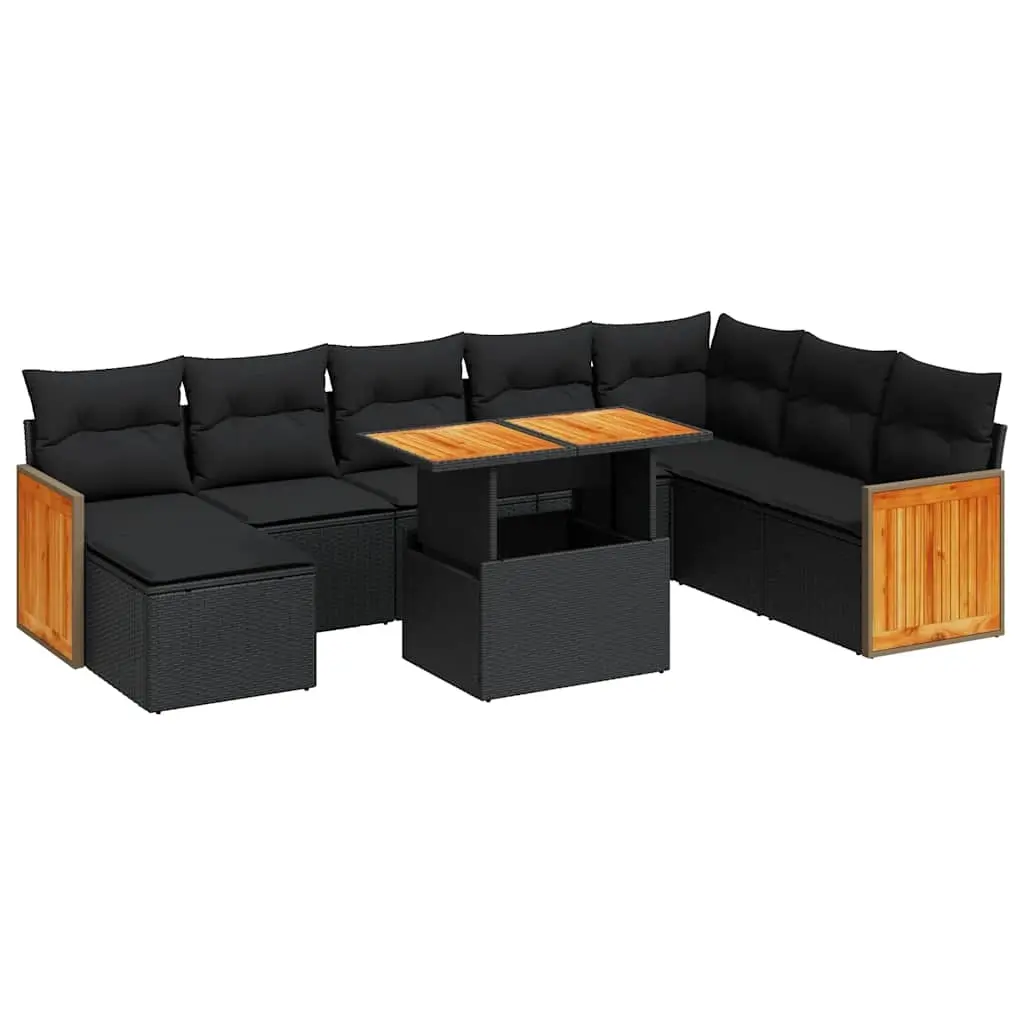 9 Piece Garden Sofa Set with Cushions Black Poly Rattan Acacia 3327744 - Furniture