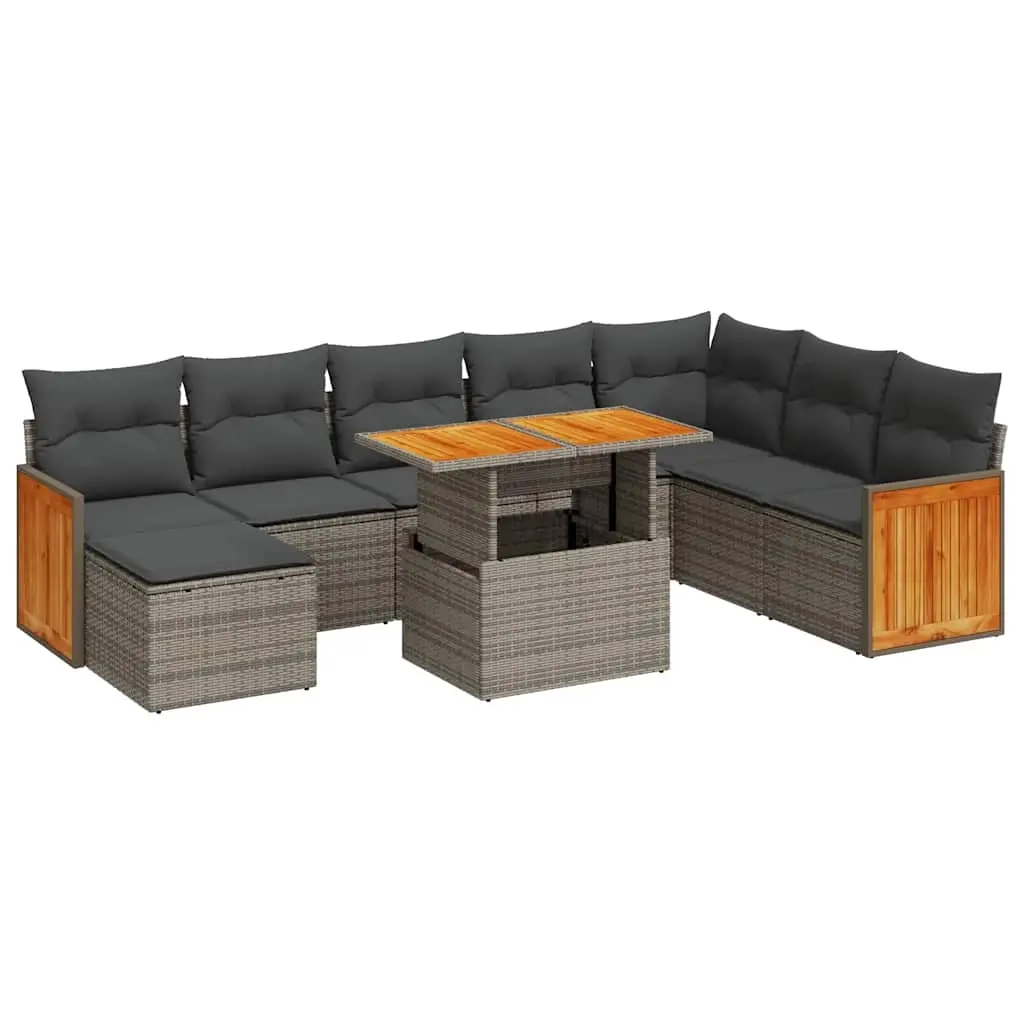 9 Piece Garden Sofa Set with Cushions Grey Poly Rattan Acacia 3327749 - Furniture